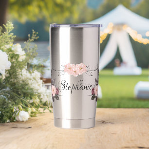 Elegant Floral Transparent Personalised Name Insulated Tumbler