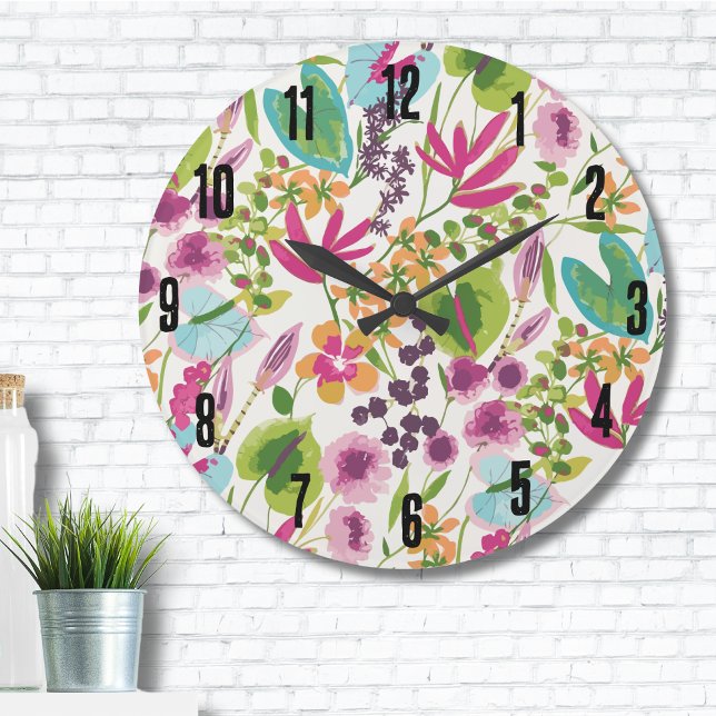 Elegant Floral Tropical Large Clock (Pink Blue Green Modern Vintage Floral Tropical Large Clock)