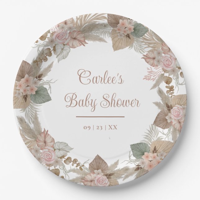 Elegant Floral Tropical Pampas Grass Personalised Paper Plate (Front)