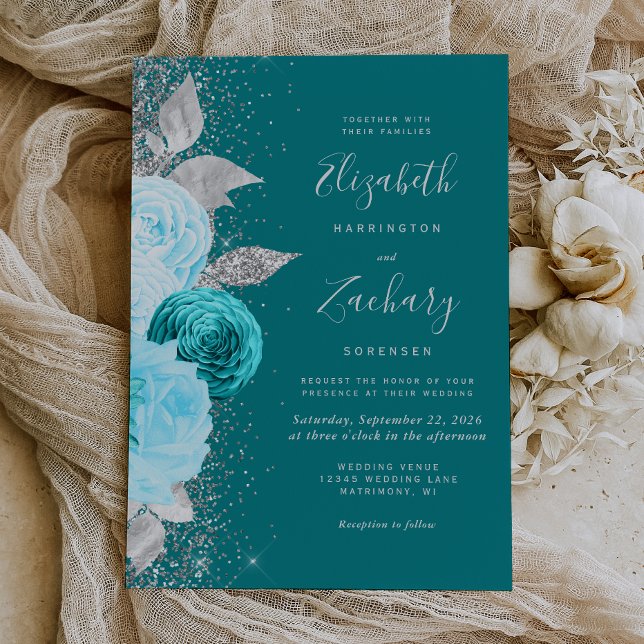 Elegant Floral Turquoise Silver Glitter Wedding Invitation (An elegant choice for a floral themed wedding with a turquoise and silver color palette.)