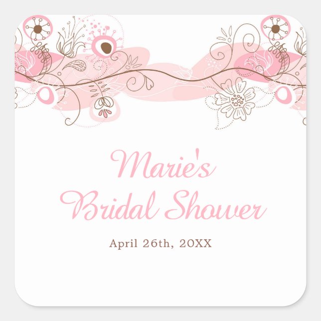 Elegant Floral Twist Bridal Shower in Pink Square Sticker (Front)