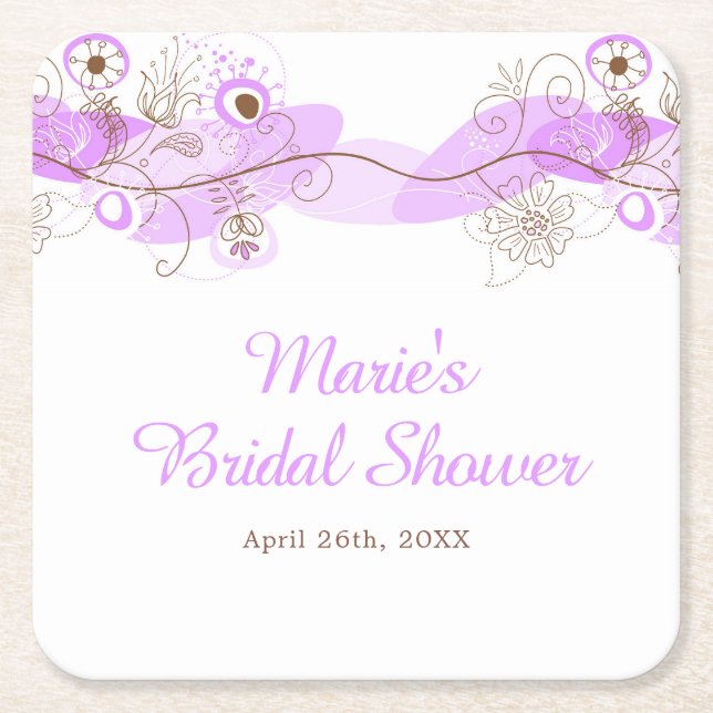 Elegant Floral Twist Bridal Shower in Purple Square Paper Coaster (Front)