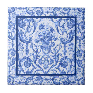 Elegant floral vase Blue toile de jouy monogram Ceramic Tile