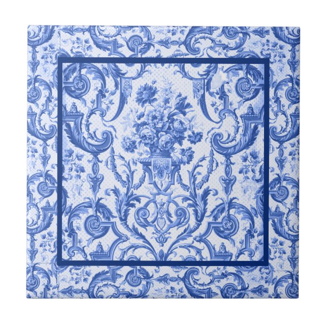 Elegant floral vase Blue toile de jouy monogram Ceramic Tile (Front)