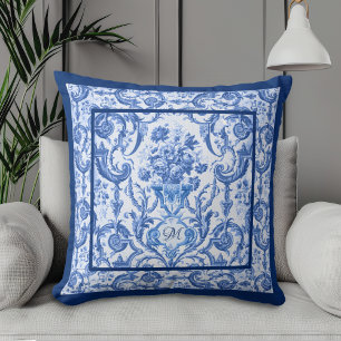 Elegant floral vase Blue toile de jouy monogram Cushion