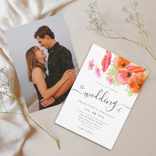 Elegant Floral Vibrant Pink Orange Photo Wedding Invitation