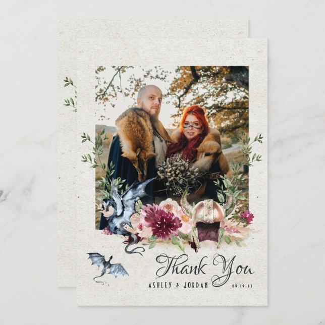 Elegant Floral Viking Wedding Photo Thank You (Front/Back)