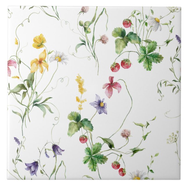 Elegant Floral Vines Strawvberry Design Ceramic Tile (Front)
