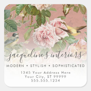 Elegant Floral Vintage Birds Dusty Pink Roses Square Sticker
