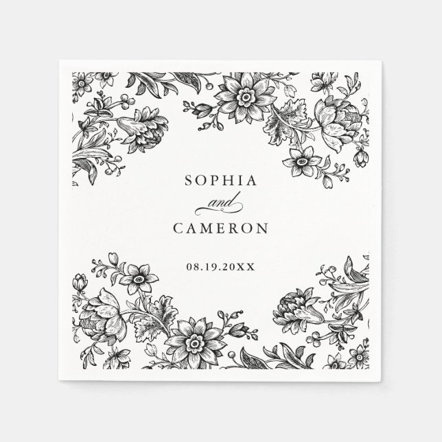 Elegant Floral Vintage Black White Wedding Napkin (Front)