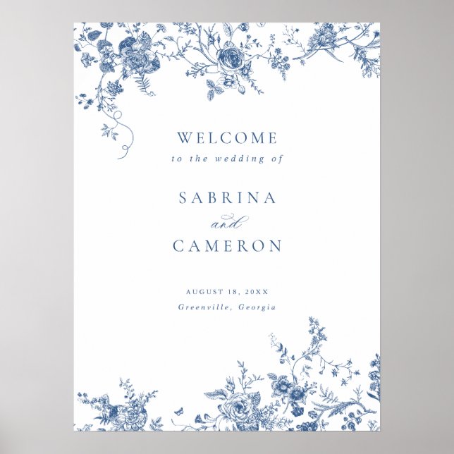 Elegant Floral Vintage Blue Wedding Welcome Sign (Front)