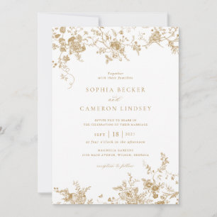 Elegant Floral Vintage Botanical Gold Wedding Invitation