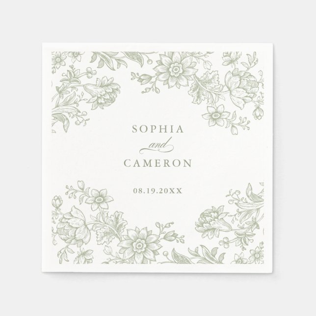 Elegant Floral Vintage Botanical Green Wedding Napkin (Front)