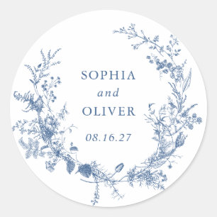 Elegant Floral Vintage Botanical Navy Blue Wedding Classic Round Sticker