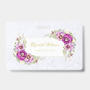Elegant Floral Vintage Chic Marble Purple Pansies ID Badge