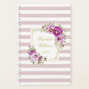 Elegant Floral Vintage Chic Purple Pansies Stripes Planner