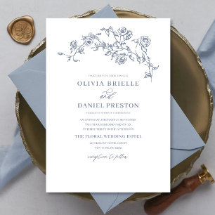Elegant Floral Vintage Dusty Blue Wedding Invitation