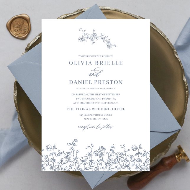 Elegant Floral Vintage Dusty Blue Wedding Invitation (Creator Uploaded)
