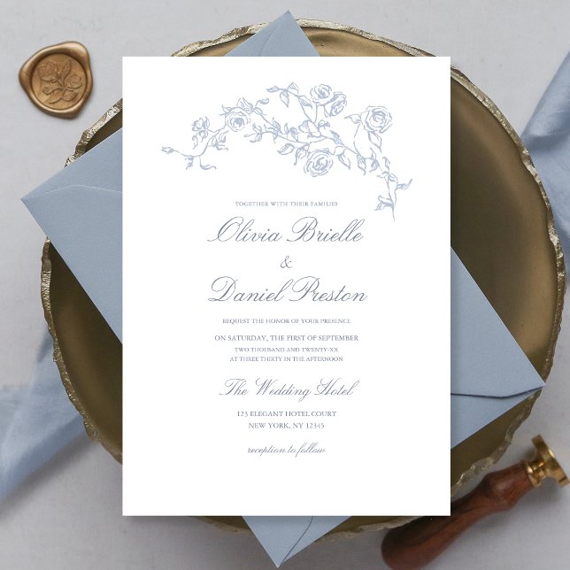 Elegant Floral Vintage Dusty Blue Wedding Invitation (Creator Uploaded)