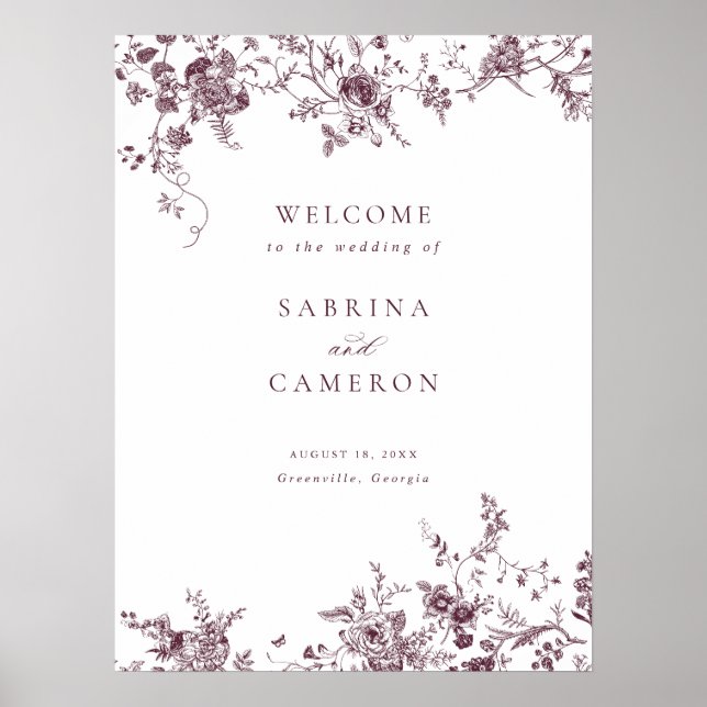 Elegant Floral Vintage Merlot Wedding Welcome Sign (Front)