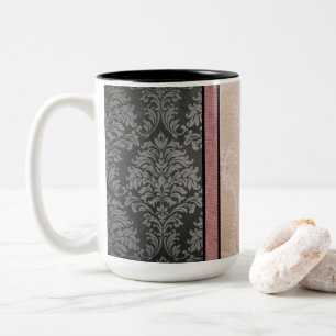 Elegant Floral Vintage Pink and Grey Damask Two-Tone Coffee Mug