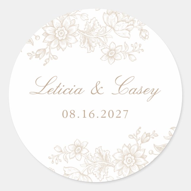 Elegant Floral Vintage Wedding Classic Round Sticker (Front)
