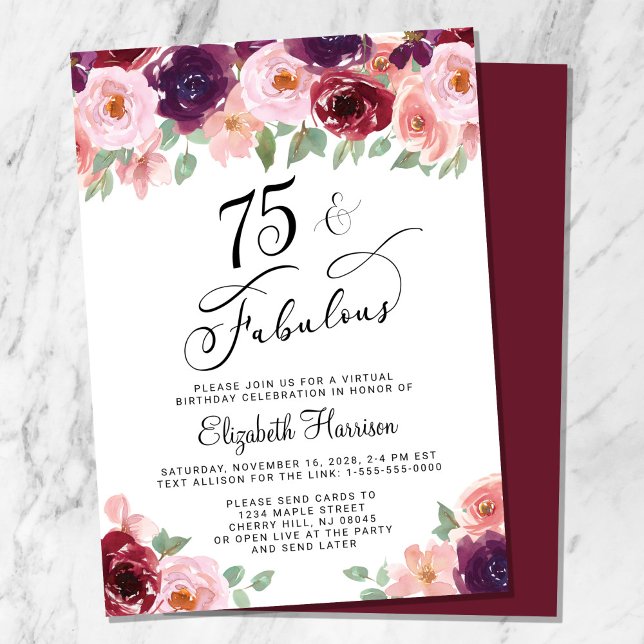 Elegant Floral Virtual 75th Birthday Party Invitation (Creator Uploaded)
