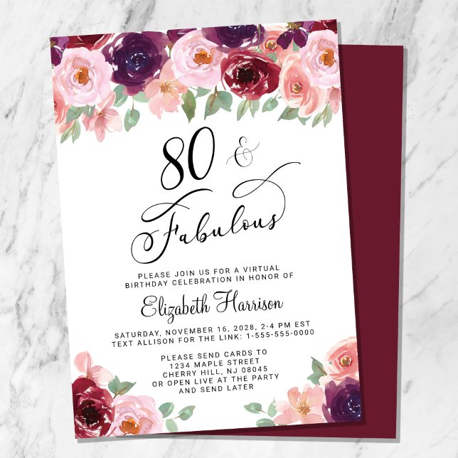 Elegant Floral Virtual 80th Birthday Party Invitation (Creator Uploaded)