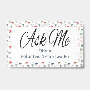 Elegant Floral Volunteer Event Staff Name ID Badge