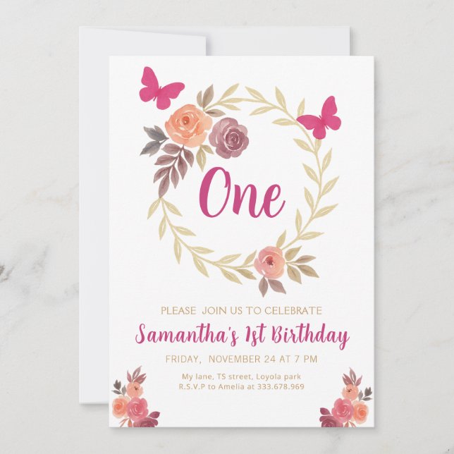 Elegant Floral  Watercolor 1st Birthday Invitation (Front)