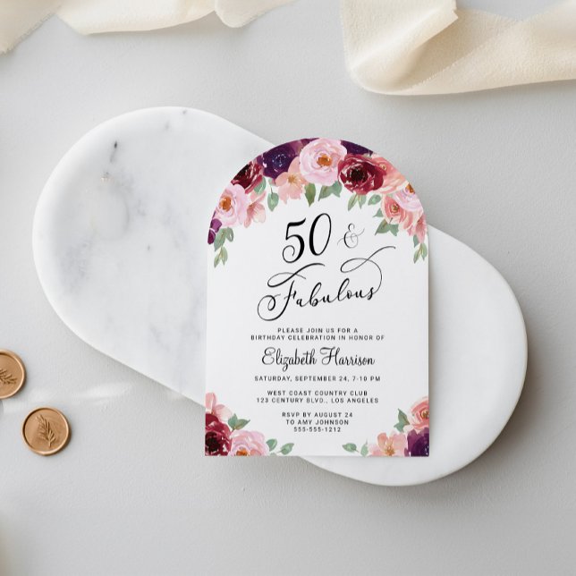 Elegant Floral Watercolor 50th Birthday Party Arch Invitation (Creator Uploaded)