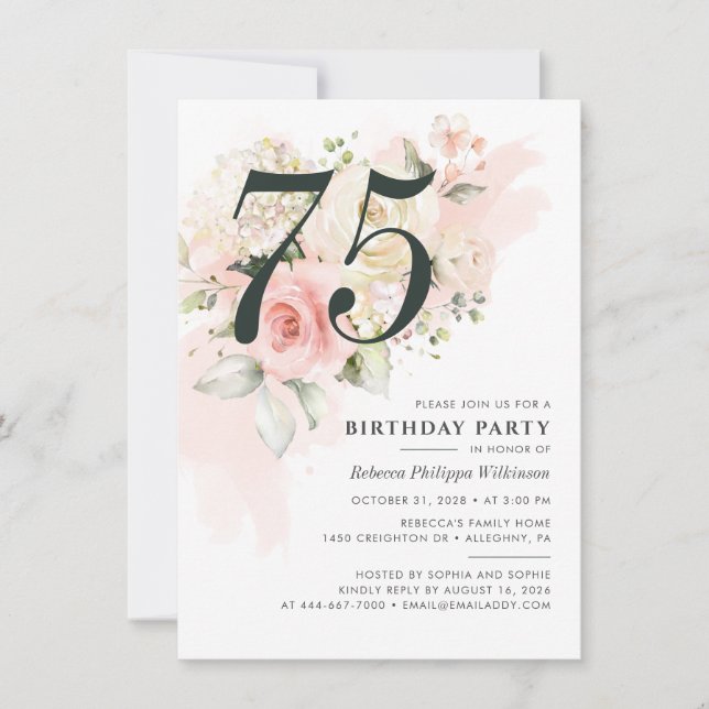 Elegant Floral Watercolor 75th Birthday Party Invitation (Front)