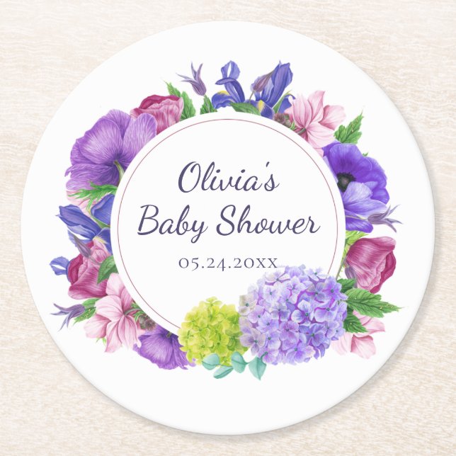 Elegant Floral | Watercolor Baby Shower Round Paper Coaster (Front)