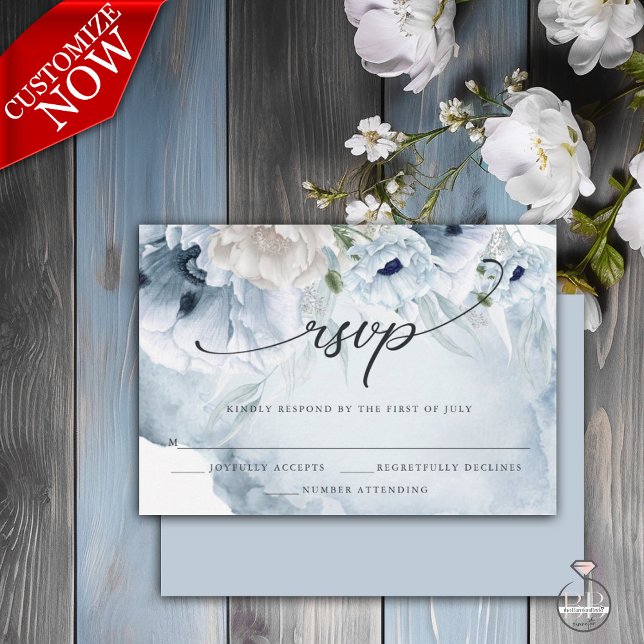 Elegant Floral Watercolor Blue Poppies RSVP Card (Easy to personalize template )