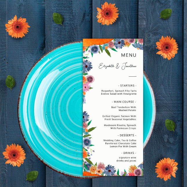 Elegant Floral Watercolor Boho Widflower Wedding Menu (Front)