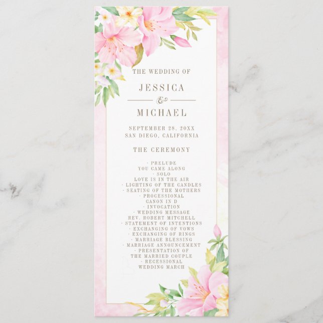 Elegant Floral Watercolor Botanical Pink Wedding Program (Front)