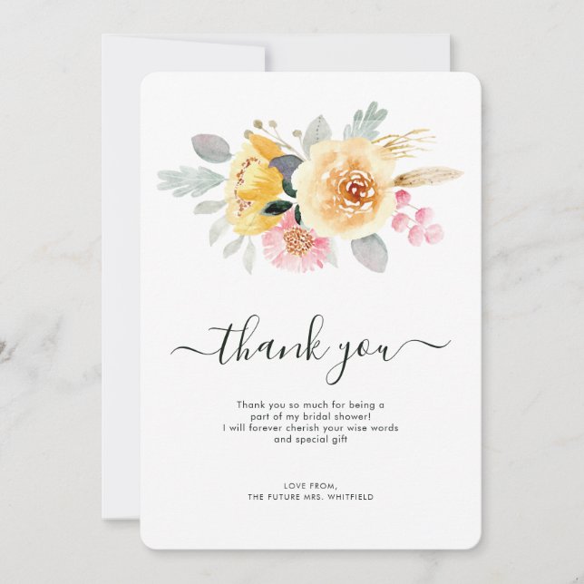 Elegant Floral Watercolor Bridal Shower Thank You Card (Front)