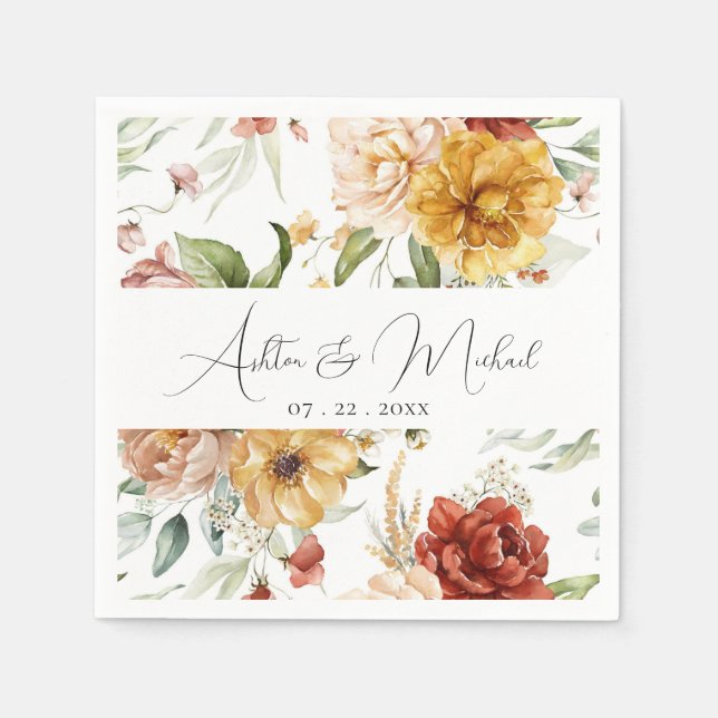 Elegant Floral Watercolor Calligraphy Wedding Napkin (Front)