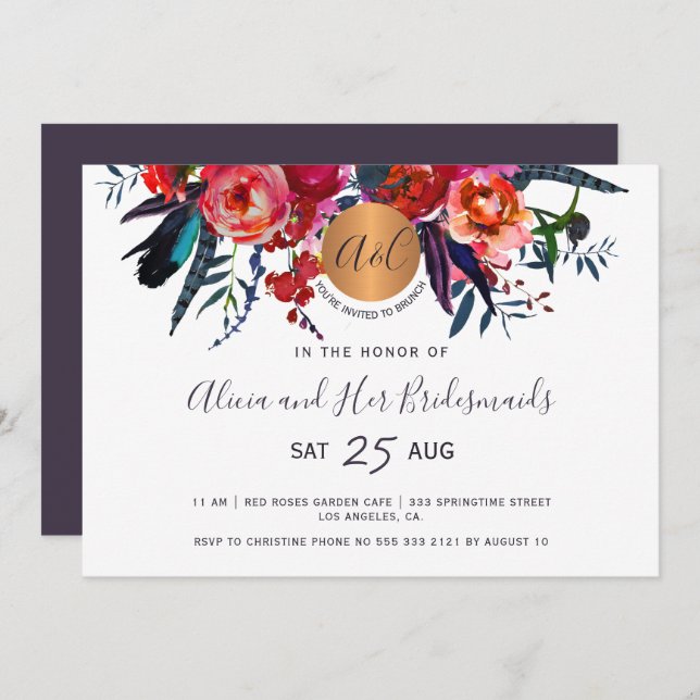 Elegant floral watercolor chic bridesmaids brunch invitation (Front/Back)