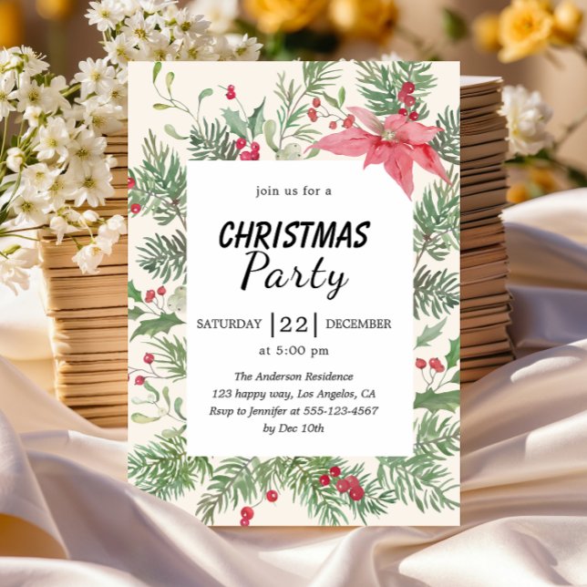 Elegant Floral Watercolor Christmas Party  Invitation (Creator Uploaded)