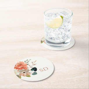 Elegant Floral Watercolor Couple Initials Wedding Round Paper Coaster