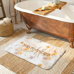 Elegant Floral Watercolor Custom Monogram Bath Mat