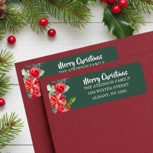 Elegant Floral Watercolor Family Christmas Return Address Label