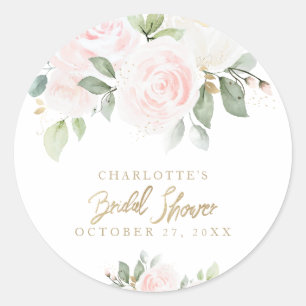 Elegant Floral Watercolor Gold Bridal Shower Classic Round Sticker