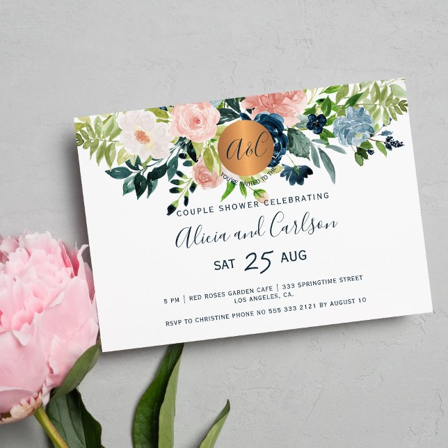 Elegant floral watercolor monogram couple shower invitation (Creator Uploaded)