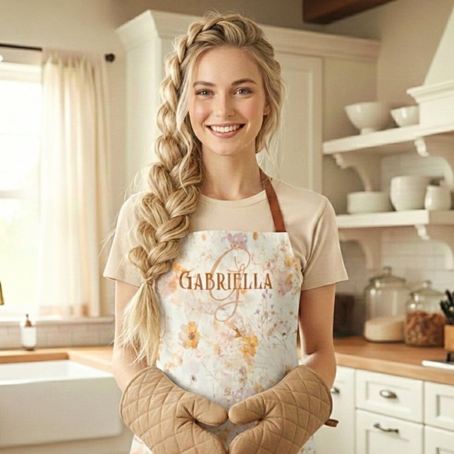 Elegant Floral Watercolor Monogram Name Initial Apron (Creator Uploaded)