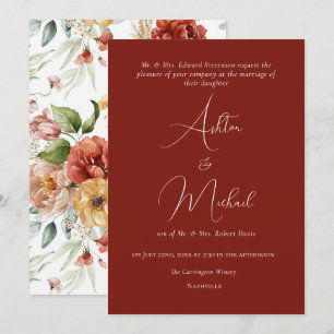 Elegant Floral Watercolor Orange Modern Wedding Invitation