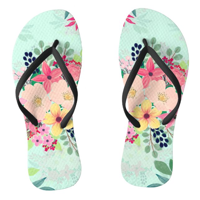 Elegant Floral Watercolor Paint Mint Girly Design Thongs (Footbed)