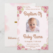 Elegant Floral Watercolor Pink Religious Baptism