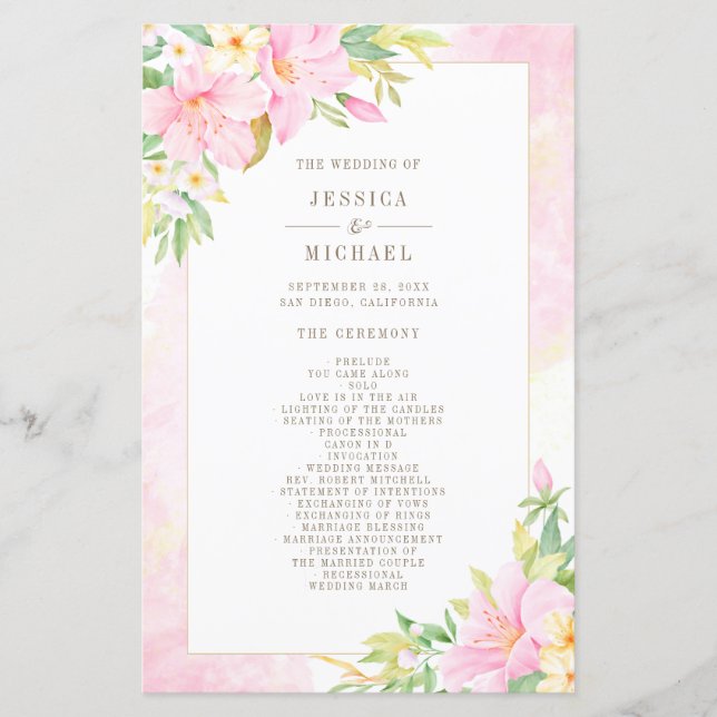 Elegant Floral Watercolor Pink Wedding Program (Front)